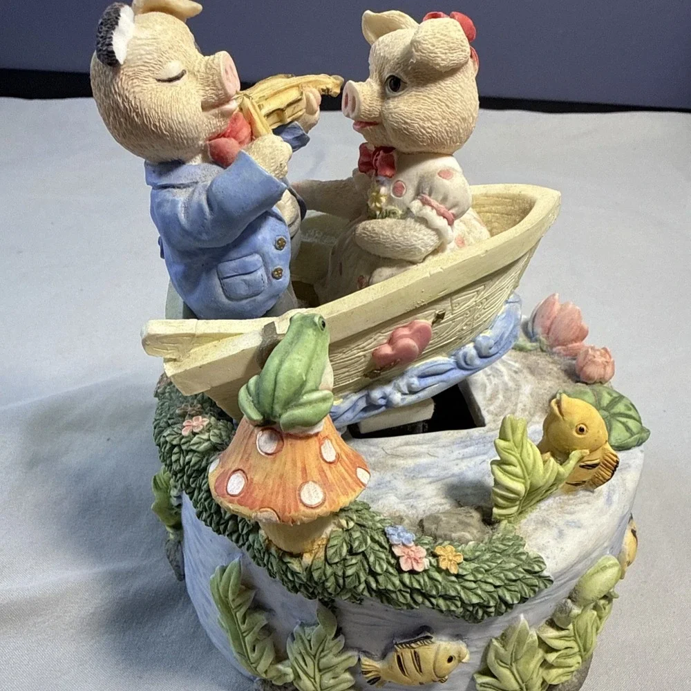 Vintage GLAMA Music Box Romantic Pigs in Rowboat Plays It's A Small World
